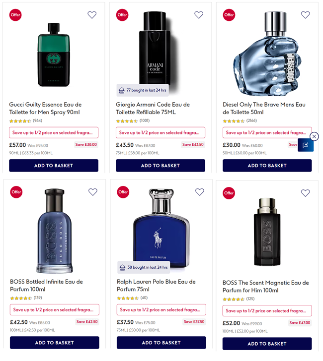 Screenshot showing reduced men's fragrance at Boots