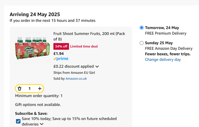 Screenshot showing Robinsons Fruit Shoot 8 x 200ml for £1.94 at Amazon