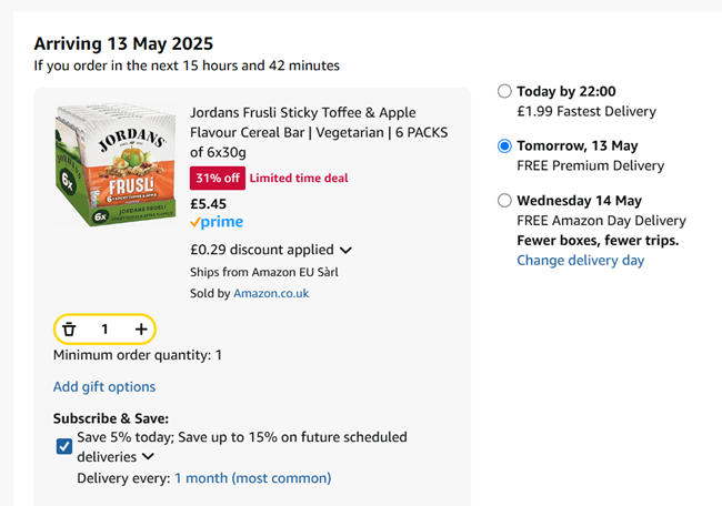Screenshot showing Jordans Frusli Sticky Toffee & Apple Flavour Cereal Bar 6 Packs of 6x30g for £5.45 at Amazon