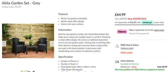 Screenshot showing Akita Garden Set Grey with Cushions for £64.99 at The Range