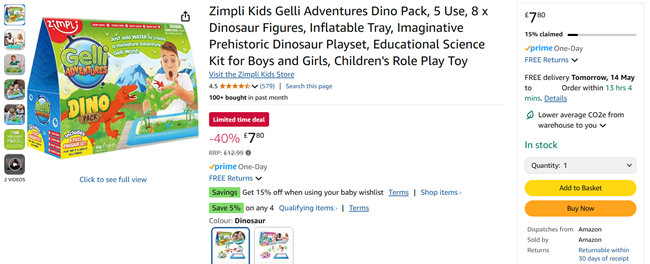 Screenshot showing Zimpli Kids Gelli Adventures Dino Pack for £7.80 at Amazon