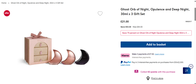 Screenshot showing Ghost Orb of Night, Opulence and Deep Night, 30ml x 3 Gift Set for £21 at Boots
