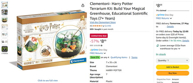 Screenshot showing Clementoni Harry Potter Hagrid's Hut Terrarium for £8.69 at Amazon