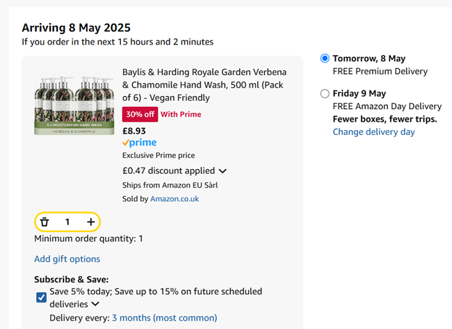 Screenshot showing Baylis & Harding Royale Garden Verbena & Chamomile Hand Wash, 500 ml (Pack of 6) for £8.93 at Amazon 