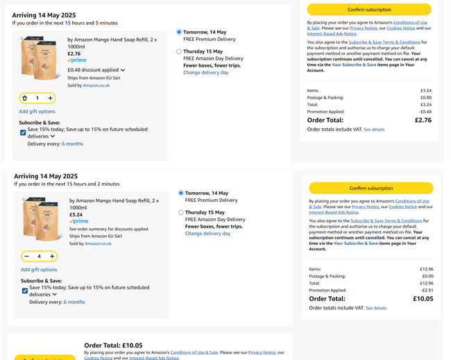 Screenshot showing by Amazon Hand Soap Refill, 2 x 1000ml for £2.76 at Amazon
