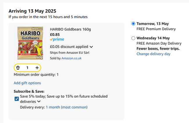 Screenshot showing Haribo Goldbears 160g for 85p at Amazon