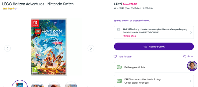 Screenshot showing LEGO Horizon Adventures Nintendo Switch Game for £19.97 at Currys