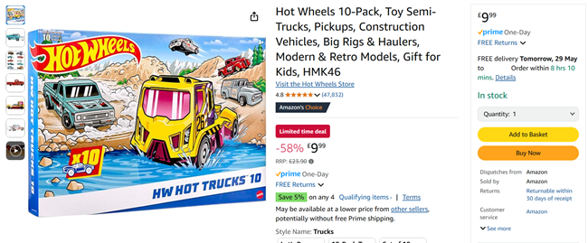 Screenshot showing Hot Wheels Trucks 10 Pack for £9.99 at Amazon
