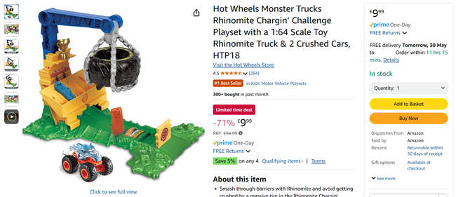 Screenshot showing Hot Wheels Monster Trucks Rhinomite Chargin’ Challenge Playset for £9.99 at Amazon