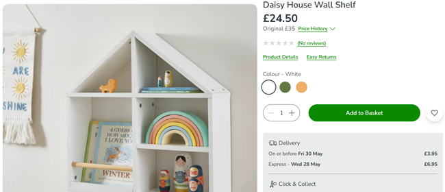 Screenshot showing Daisy House Wall Shelf for £24.50 at Dunelm