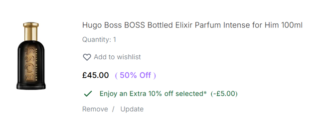 Screenshot showing Hugo Boss BOSS Bottled Elixir Parfum Intense for Him 100ml for £45 with code at LOOKFANTASTIC
