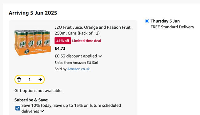 Screenshot showing J2O Fruit Juice Orange and Passion Fruit 250ml Cans Pack of 12 for £4.73 at Amazon
