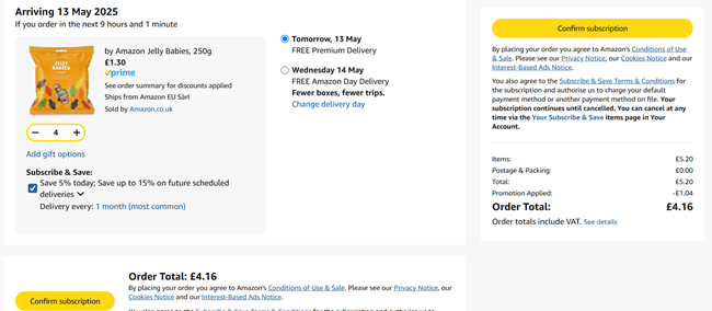 Screenshot showing by Amazon Jelly Babies 250g 4 for £4.16 at Amazon