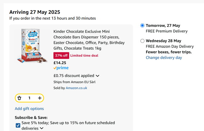 Screenshot showing Kinder Mini Chocolate Bars Dispenser 150 Pieces 1kg for £14.25 at Amazon