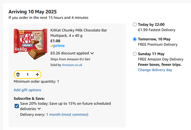 Screenshot showing KitKat Chunky Milk Chocolate Bar Multipack 4 x 40g for £1.08 at Amazon