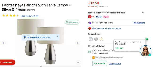 Screenshot showing Habitat Maya Pair of Touch Table Lamps - Silver & Cream for £12.50 at Argos