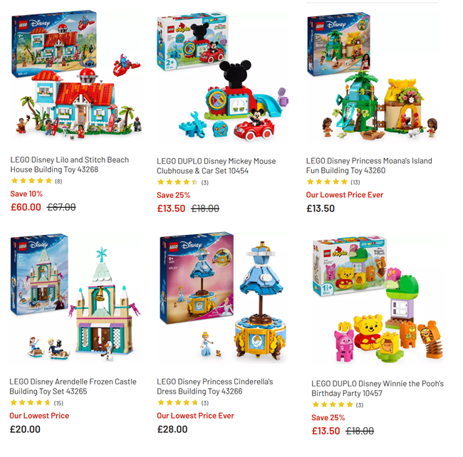 Screenshot showing reduced LEGO Disney sets at Argos