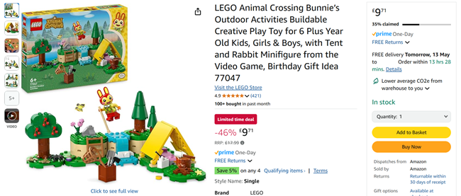 Screenshot showing LEGO Animal Crossing Bunnie’s Outdoor Activities for £9.71 at Amazon