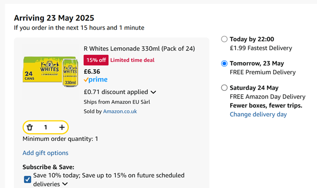 Screenshot showing R Whites Lemonade 330ml (Pack of 24) for £6.36 at Amazon