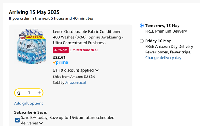 Screenshot showing Lenor Outdoorable Fabric Conditioner 480 Washes (8x60) for £22.61 at Amazon