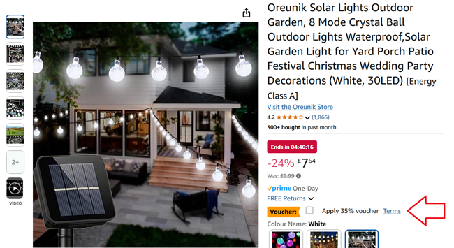 Screenshot showing 8 Mode Crystal Ball Outdoor 30 LED Solar Lights at Amazon / Iorio Tech