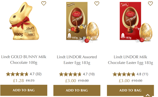 Screenshot showing reduced Lindt Easter items
