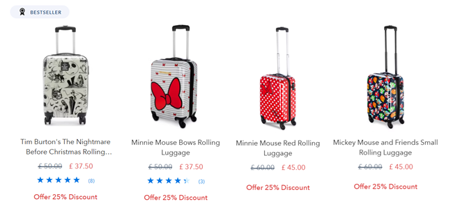 Screenshot showing reduced luggage at Disney Store