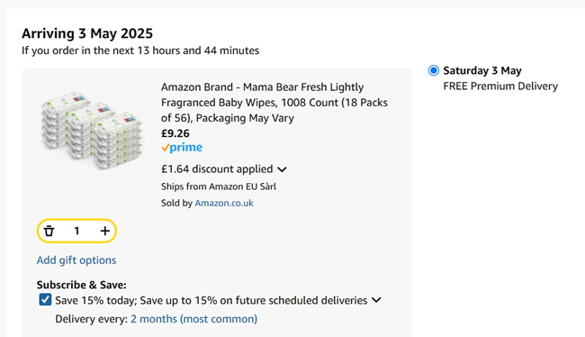 Screenshot showing Mama Bear Fresh Lightly Fragranced Baby Wipes 18 Packs of 56 for £9.26 at Amazon