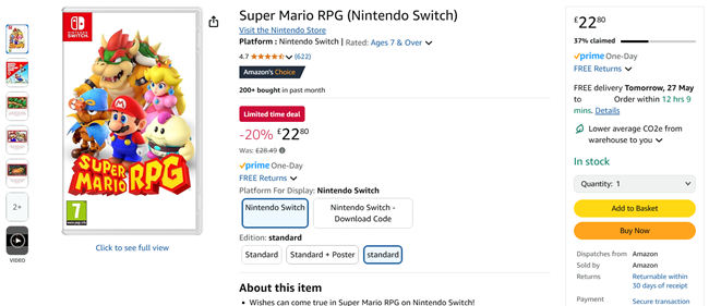 Screenshot showing Super Mario RPG Nintendo Switch Game for £22.80 at Amazon