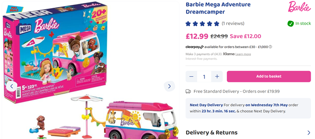 Screenshot showing Barbie Mega Adventure Dreamcamper for £12.99 at Bargain Max