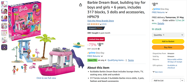 Screenshot showing MEGA Barbie Dream Boat for £8.99 at Amazon