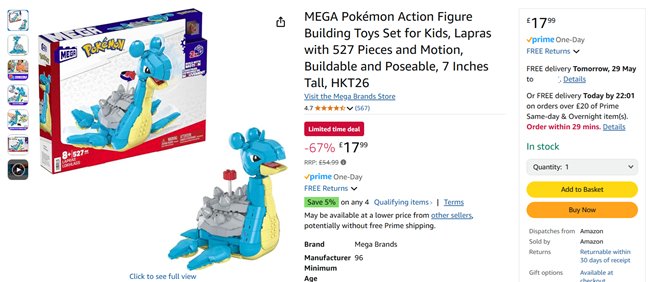 Screenshot showing reduced MEGA Pokémon toy at Amazon
