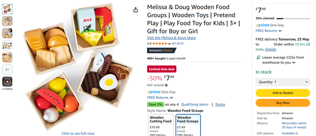 Screenshot showing half price Melissa & Doug toy at Amazon