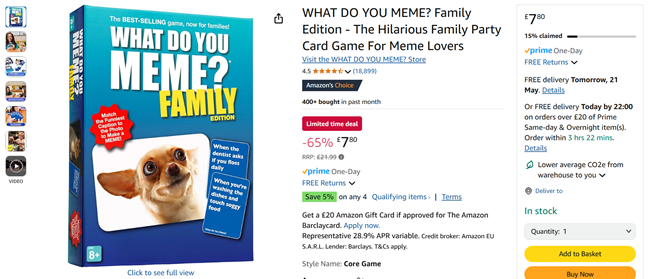 Screenshot showing What Do You Meme? Family Edition Party Card Game for £7.80 at Amazon