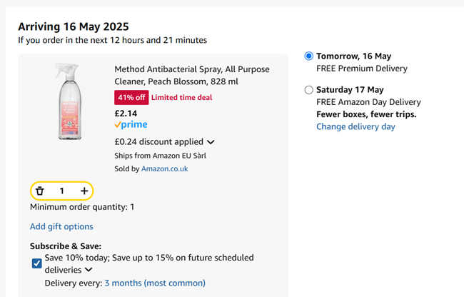 Screenshot showing Method Cleaning Spray for £2.14 at Amazon