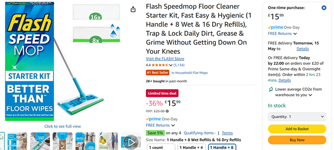 Screenshot showing Flash Speedmop Floor Cleaner Starter Kit for £15.99 at Amazon