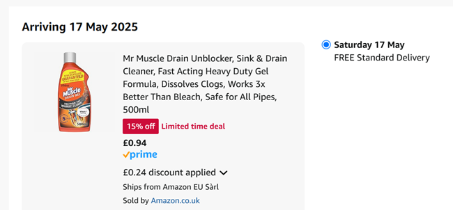 Screenshot showing Mr Muscle Drain Unblocker 500ml for 94p at Amazon