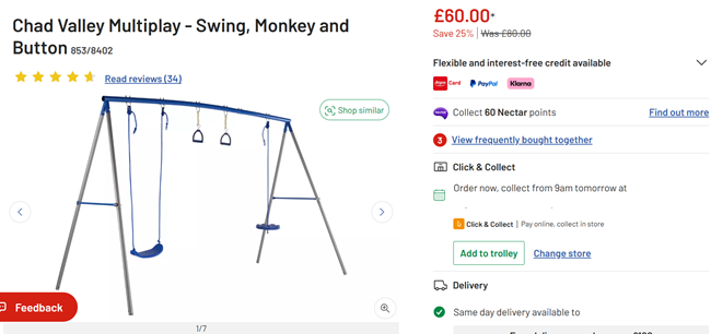 Screenshot showing Chad Valley Multiplay - Swing, Monkey and Button for £60 at Argos