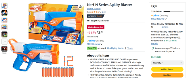 Screenshot showing Nerf N Series Agility Blaster for £3.20 at Amazon