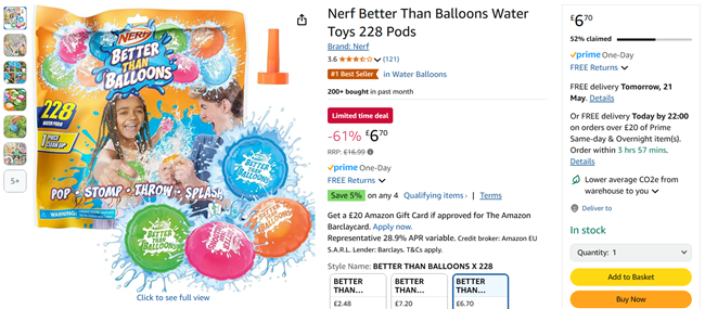 Screenshot showing Nerf Better Than Balloons Water Toys 228 Pods for £6.70 at Amazon