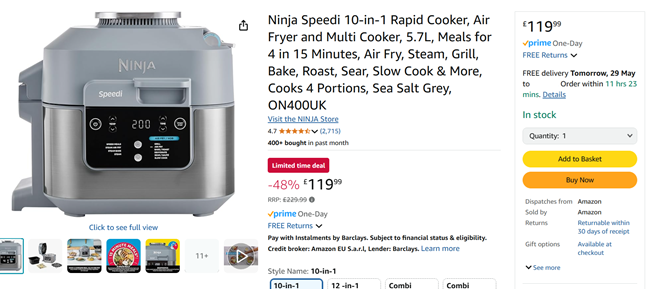 Screenshot showing Ninja Speedi 10-in-1 Rapid Cooker, Air Fryer & Multi Cooker for £119.99 delivered at Amazon