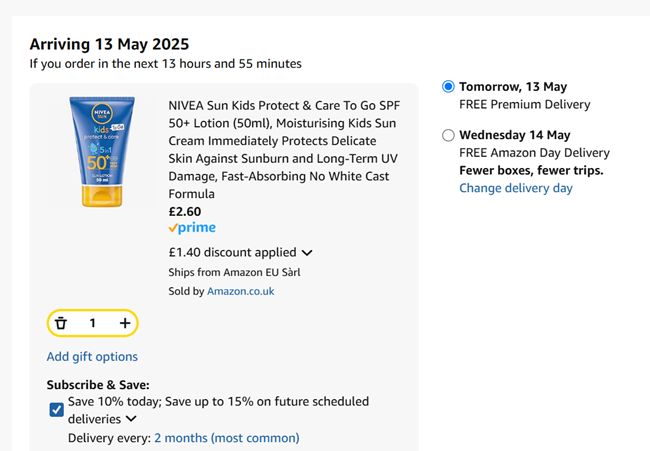 Screenshot showing Nivea Sun Kids Protect & Care To Go SPF 50+ Lotion (50ml) for £2.60 at Amazon