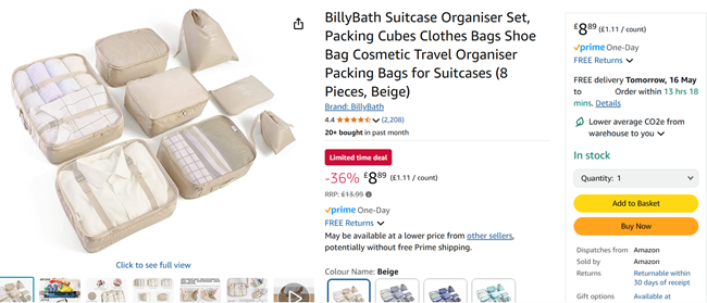 Screenshot showing 8 Piece Packing Cube & Bags Set for £8.89 at Amazon