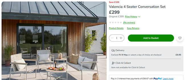 Screenshot showing Valencia 4 Seater Conversation Set for £299 at Dunelm
