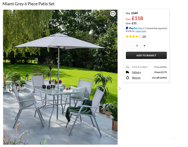 Screenshot showing Miami Grey 6 Piece Patio Set for £118 at Asda George