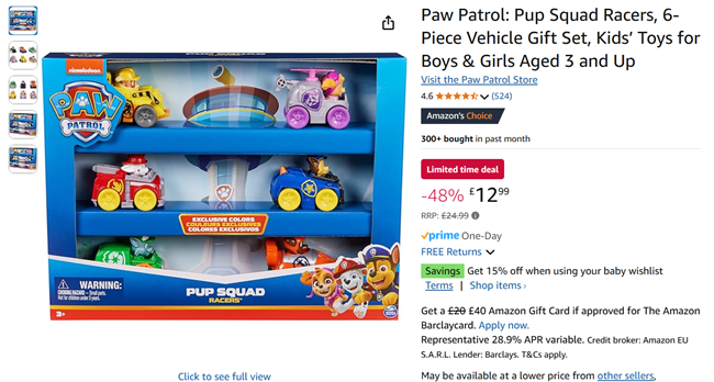 Screenshot showing Paw Patrol: Pup Squad Racers, 6-Piece Vehicle Gift Set for £12.99 at Amazon