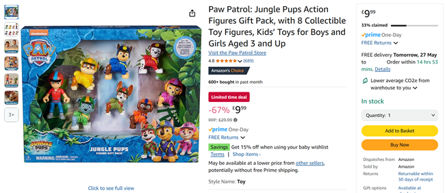 Screenshot showing Paw Patrol: Jungle Pups Action Figures Gift Pack for £9.99 at Amazon