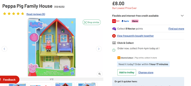 Screenshot showing Peppa Pig Family House for £8 at Argos