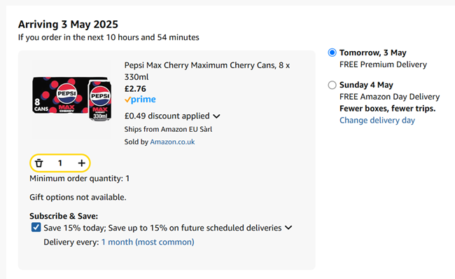 Screenshot showing Pepsi Max Cherry 8 x 330ml Cans for £2.76 at Amazon