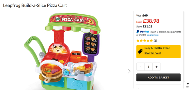 Screenshot showing Leapfrog Build-a-Slice Pizza Cart for £38.98 at Asda George